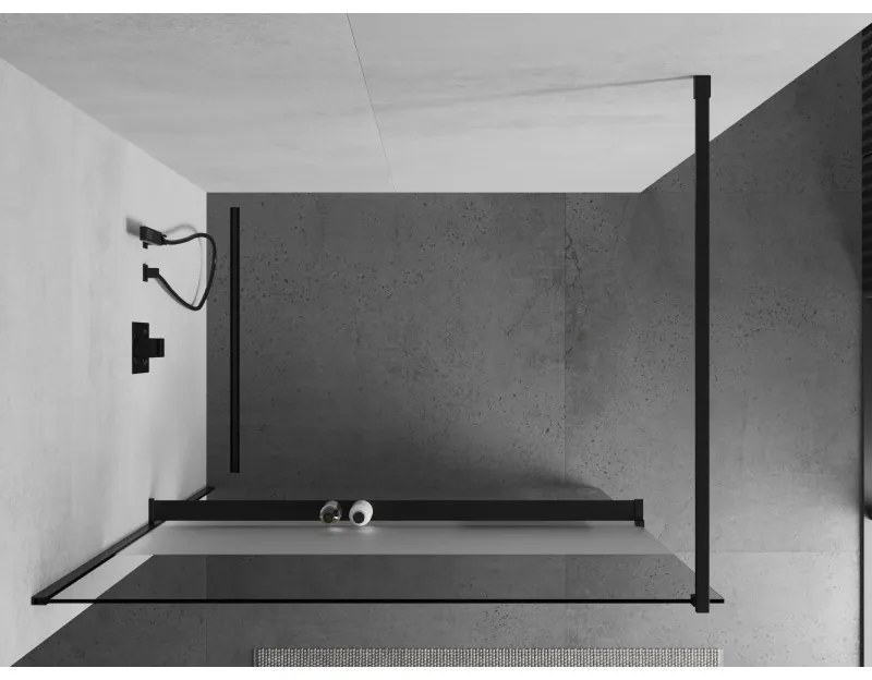 Mexen Kioto+, sprchová zástena s poličkou a držiakom na uteráky 110 x 200 cm, 8mm číre-námraza sklo, čierny profil, 800-110-121-70-35