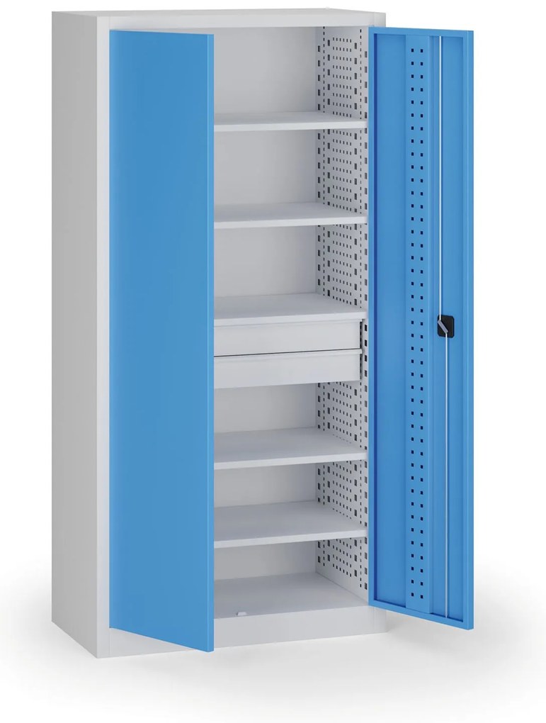 Policová dielenská skriňa 2-dverová, 5 políc + 2 zásuvky, 1950 × 950 × 500 mm, modré dvere