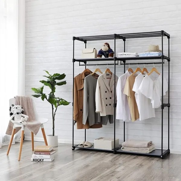 Úložná textilná skriňa s policami a šatníkovou tyčou MATIS 140x174 cm sivá