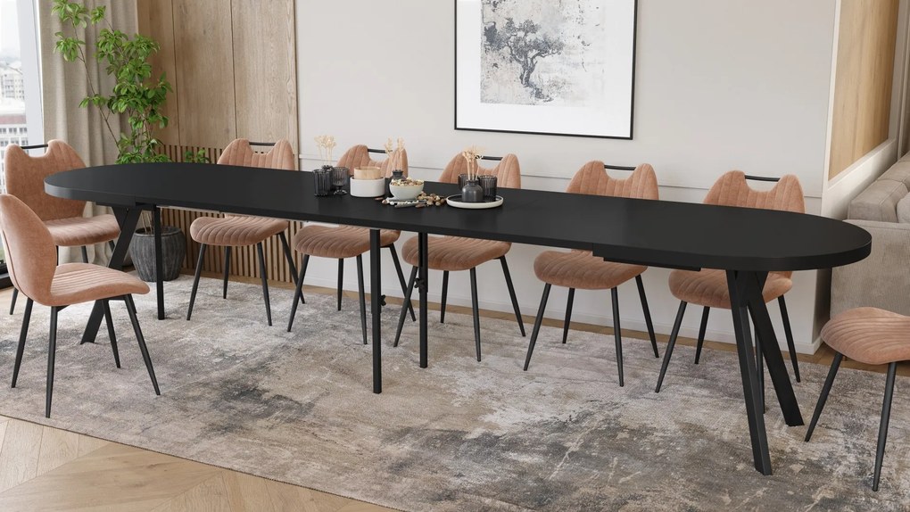 Mazzoni EXPANSO Čierny mat / čierne nohy - OVÁLNY ROZKLADACÍ STÔL 160-360 cm PRE 16-18 OSÔB