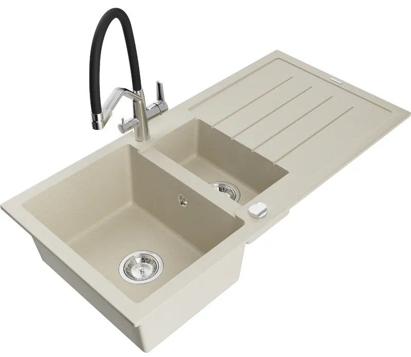 Mexen Andres, granitový drez 1000x500x200 mm, 1,5-komorový a drezová batéria Duo, béžová, 6515-69-671701-07