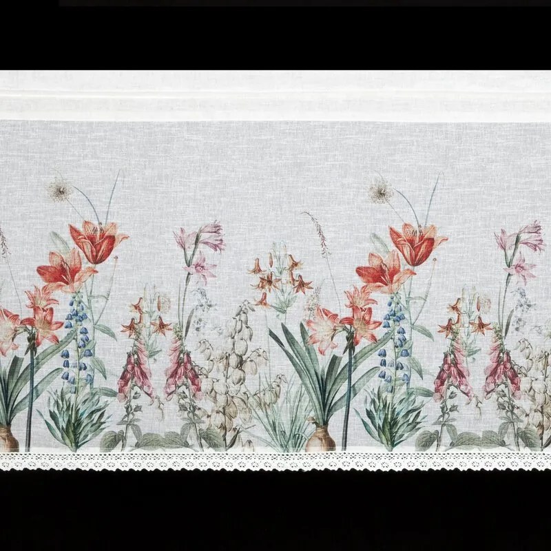 Dekorstudio Kuchynská záclonka NEMEZJA zdobená kvetinovou potlačou a čipkou 150 x 60 cm