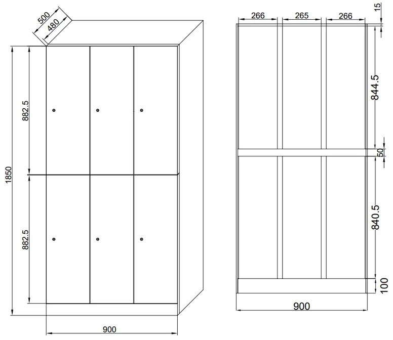 Šatníková skrinka S1 s úložnými boxmi, 6 boxov, 1850 x 900 x 500 mm, demont, mechanický kódový zámok, laminované dvere, biela