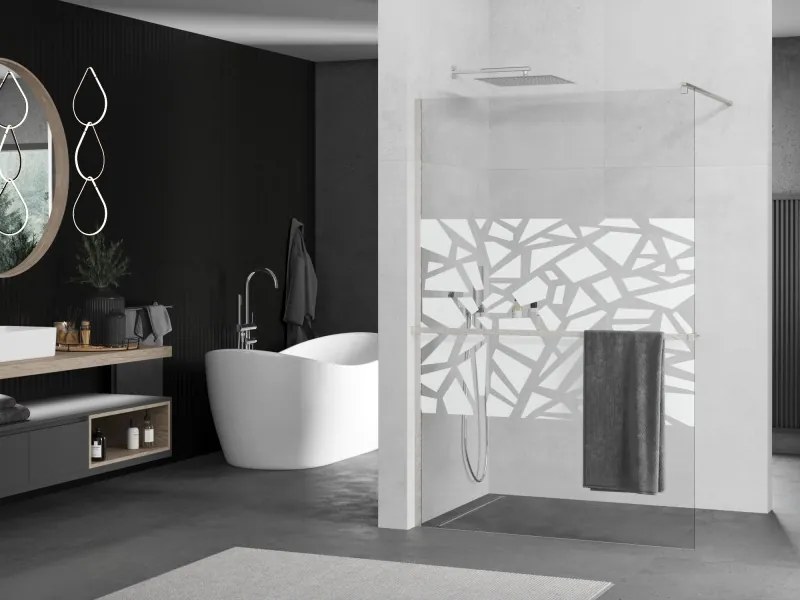 Mexen Kioto+, sprchová zástena Walk-In s poličkou a vešiakom 110 x 200 cm, 8mm číre sklo biely vzor, brúsená oceľ profil, 800-110-121-97-85