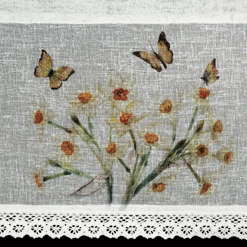 Dekorstudio Kuchynská záclonka FLORA s potlačou narcisov a čipkou 150x60cm