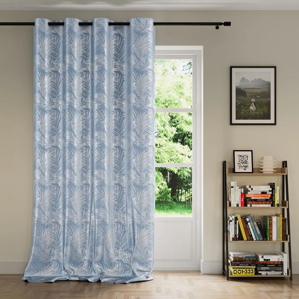 Záves AmeliaHome Velvet Silver Leaves s priechodkami 140x245 cm modrý