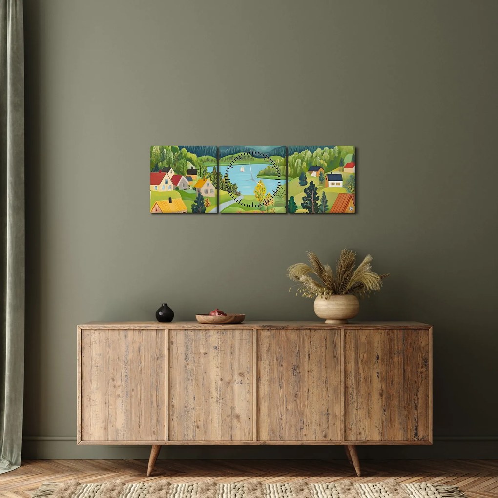 Obraz - Dedina v horách (s hodinami) (90x30 cm)