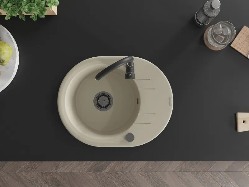 Mexen Kevin, granitový drez 586x458x190 mm, 1-komorový, béžová s čiernym sifónom, 6517581005-69-B