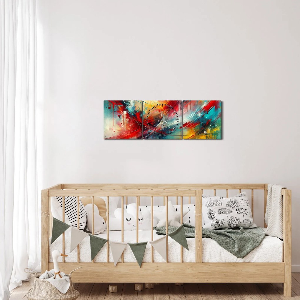 Obraz – Abstrakcia s červenou (s hodinami) (90x30 cm)