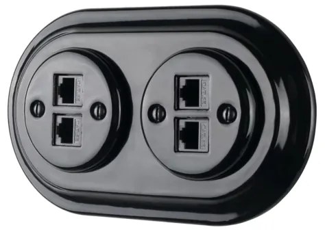 Bohemia-Design - Porcelánová retro ethernetová zásuvka s rámčekom 2× CAT5e čierna