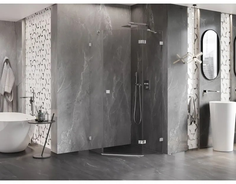 Mexen Lunar, päťuholníkový sprchový kút s pravým sklonom 80 x 80 cm, 8mm číre sklo, chrómový profil, 831-080P-080L-01-00-P