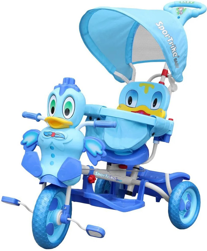 Ramiz Detský trojkolesový bicykel Duck Bike Modrá + zvuky + strieška + zábrana + opierka na nohy + rukoväť + úložný priestor