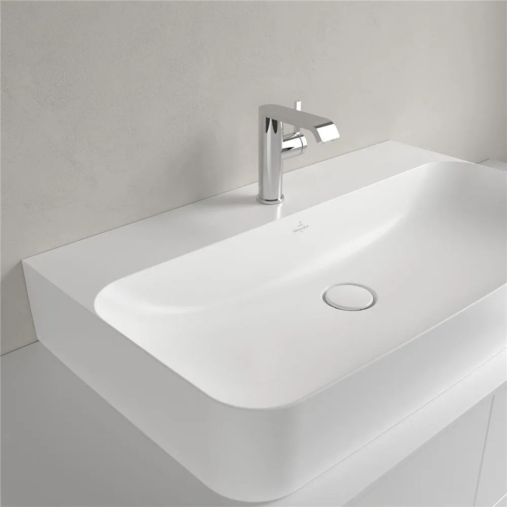 VILLEROY &amp; BOCH Finion závesné umývadlo s otvorom (spodná strana brúsená), bez prepadu, 800 x 470 mm, Stone White, s povrchom CeramicPlus, 41688LRW