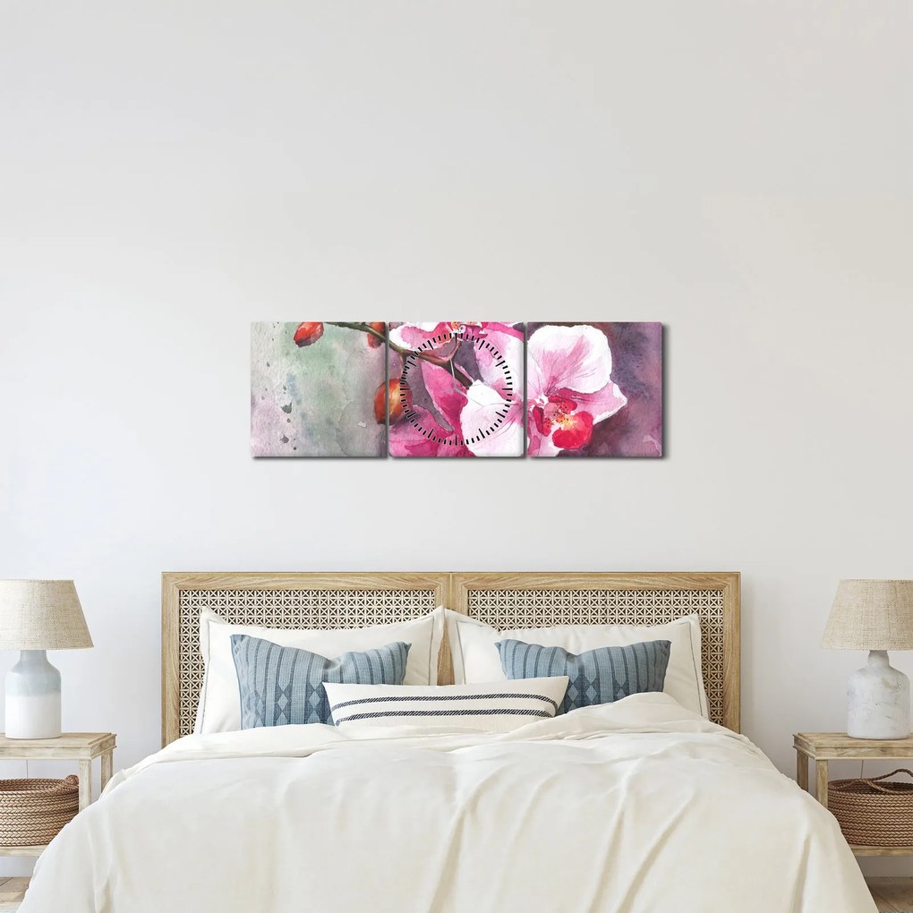 Obraz - Orchidey, aquarel (s hodinami) (90x30 cm)