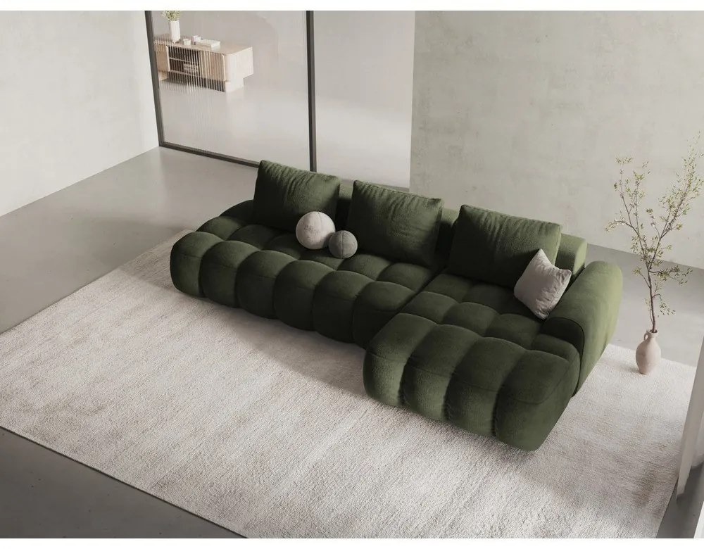 Zelená zamatová rozkladacia/s úložným priestorom rohová pohovka (pravý roh/s leňoškou) Linz – Cosmopolitan Design