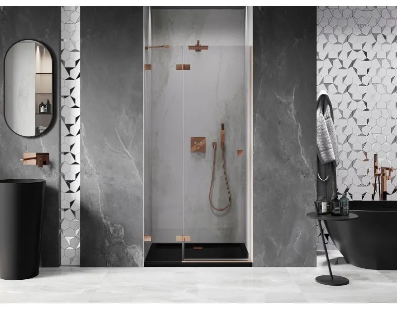 Mexen Lunar, ľavé otočné sprchové dvere 70 cm, 8mm číre sklo, medený matný profil, 834-070-000-65-00-L