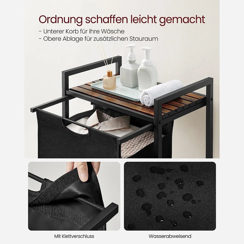 Kôš na bielizeň, s poličkou, 65 l, vysúvateľný, rustikálna hnedá a čierna farba