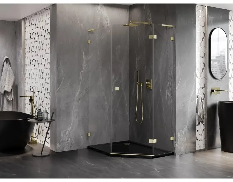 Mexen Lunar, L pravý výklopný päťuholníkový sprchový kút 80 x 90 cm, 8mm číre sklo, zlatý matný profil, 831L-080P-090L-55-00-P