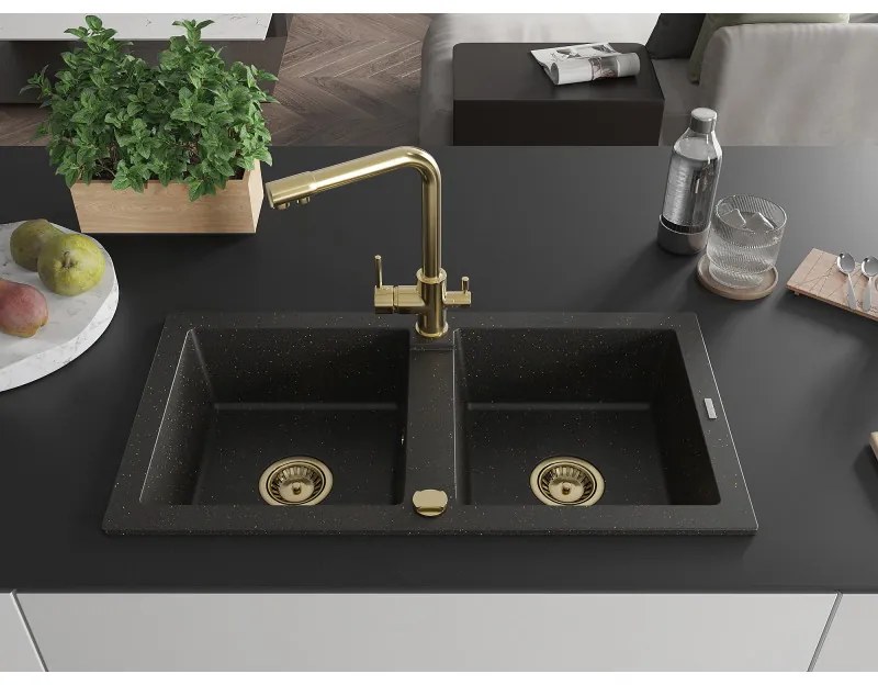 Mexen Mario, 2-komorový granitový drez 820x436x161 mm a chrómová drezová batéria Duero, čierna-zlatá metalíza, 6504-75-671600-50