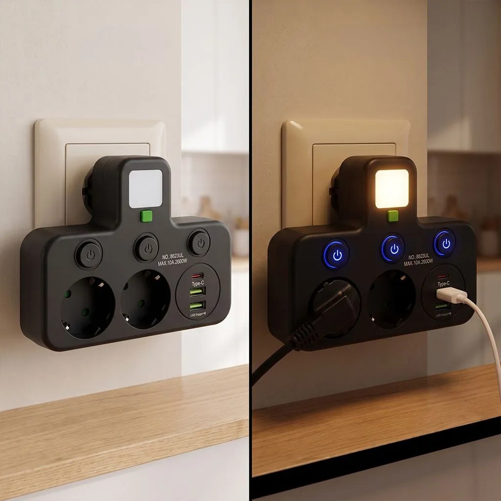 Toolight Toolight, JNH017, zásuvkový rozbočovač 2 zásuvky + 2× USB-A + USB-C s LED svetlom, čierna, OSW-56308