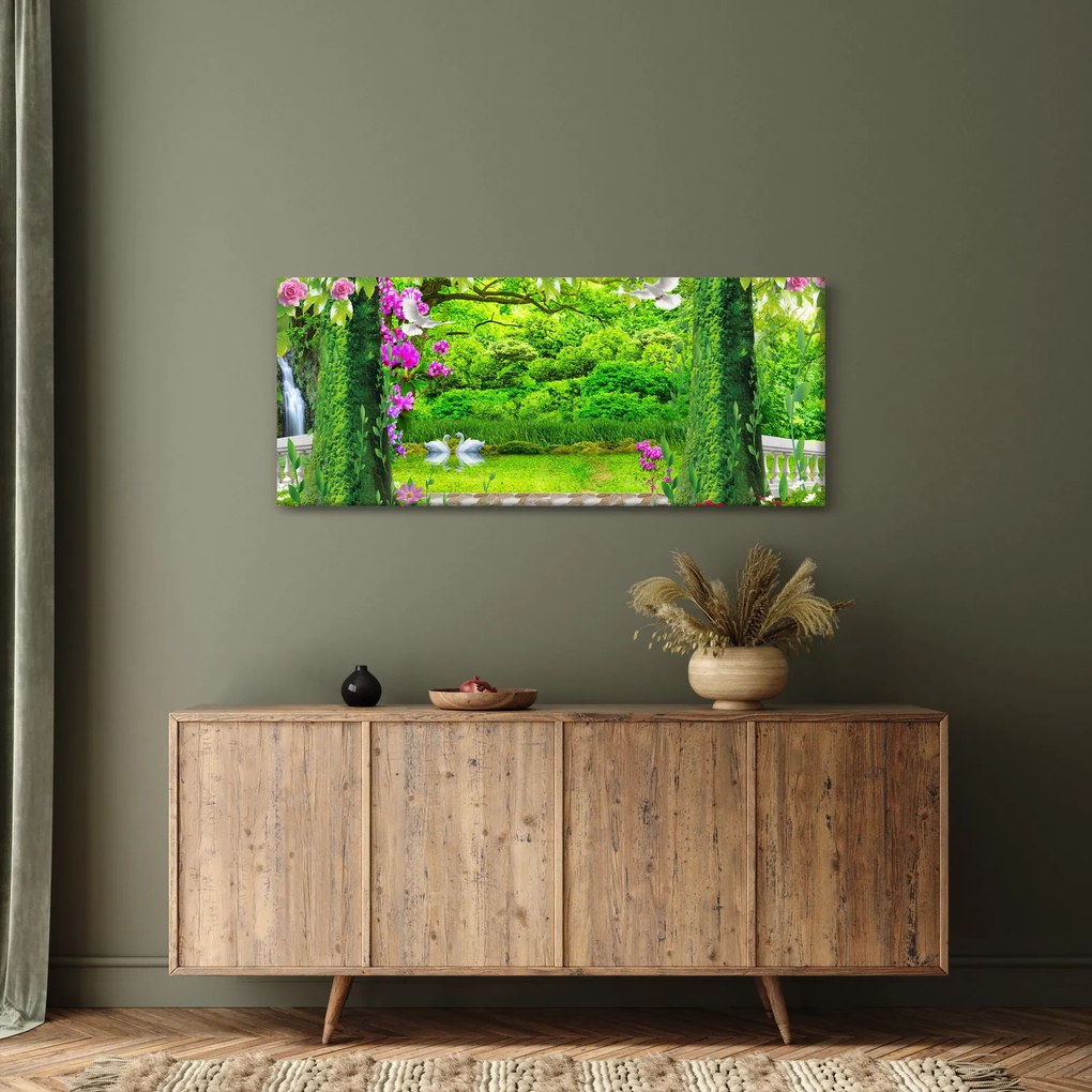 Obraz - Čarovná záhrada s labuťami (120x50 cm)