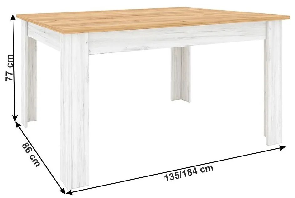 Tempo Kondela Jedálenský stôl, rozkladací, dub craft zlatý/dub craft biely, 135-184x86 cm, SUDBURY