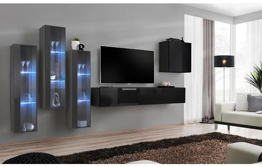 Obývacia stena Switch Sklo +LED XIII Grafit/čierna