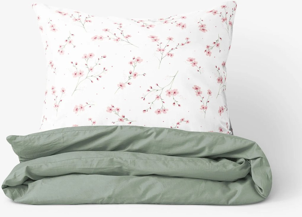 Goldea bavlnené posteľné obliečky duo - kvitnúce sakury so šalviovo zelenou 150 x 200 a 50 x 60 cm
