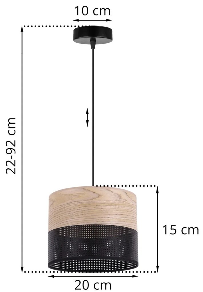 Závesné svietidlo Wood, 1x béžová dubová dýha/čierne PVC tienidlo, (fi 20cm)