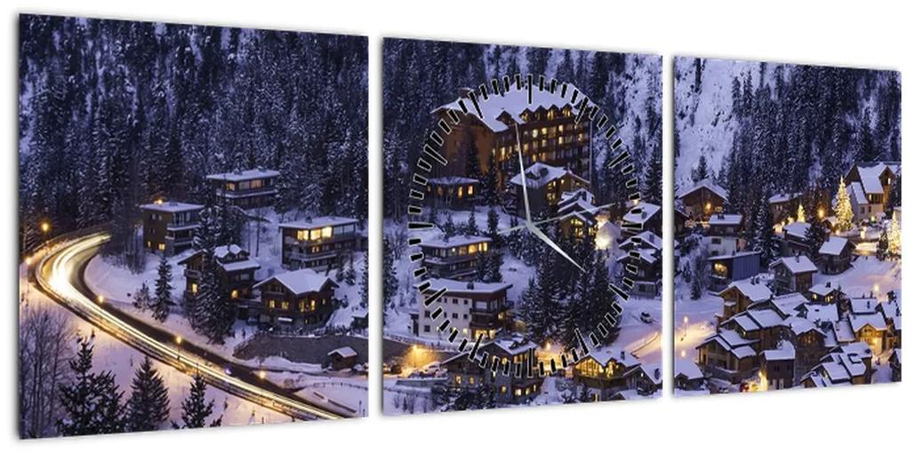 Obraz - horské zimné mestečko (s hodinami) (90x30 cm)