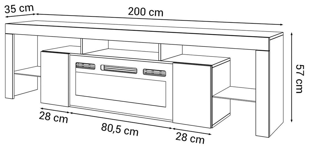 Luxusný TV stolík SANDRA biely lesk s elektrickým krbom