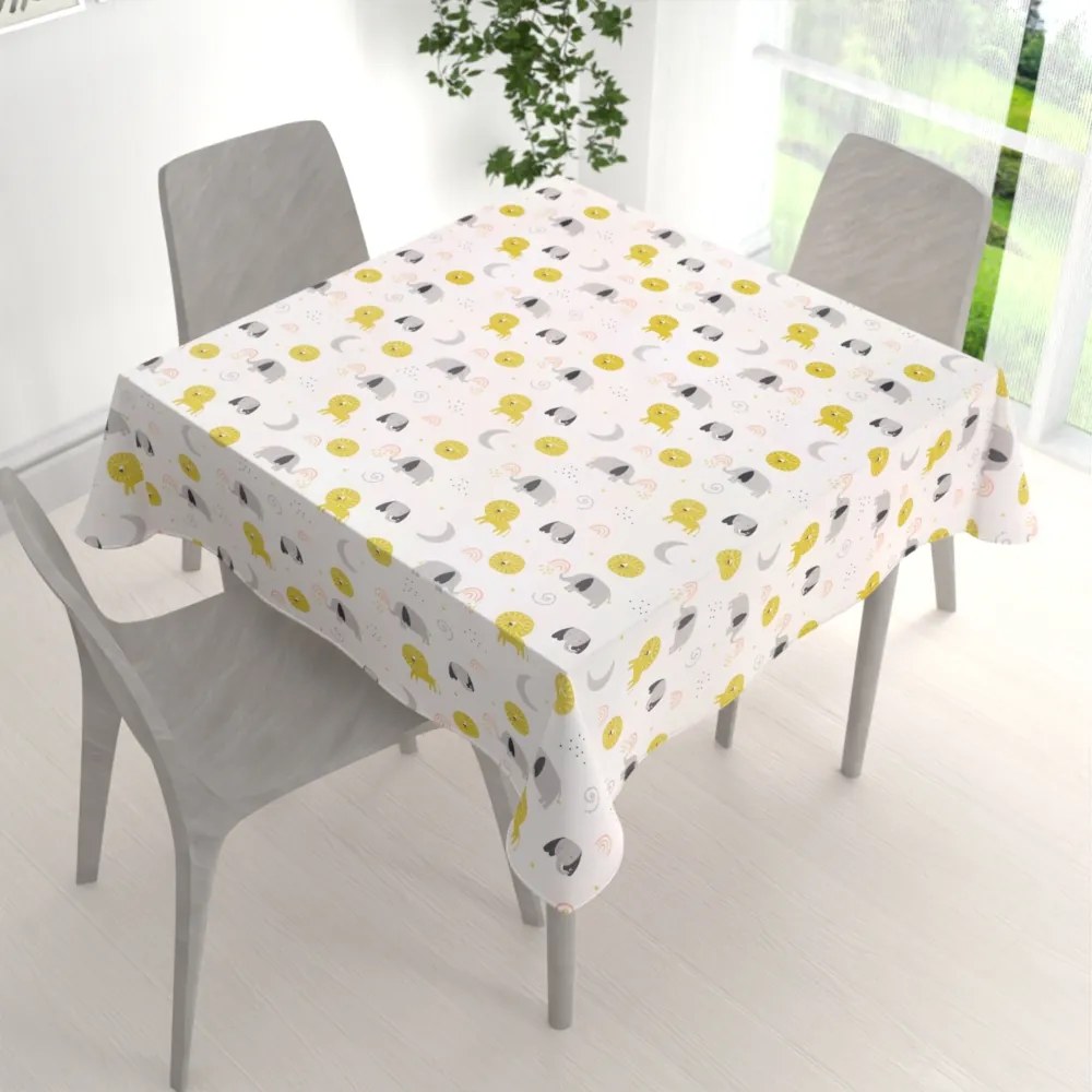 Biante Detský bavlnený štvorcový obrus Sandra SA-649 Slony a levy na bielom 110x110 cm