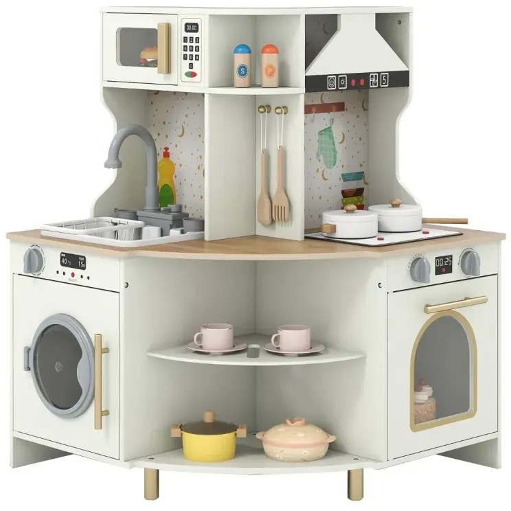 Detská kuchynka s funkčným kohútikom a drezom, drevená rohová kuchynská súprava