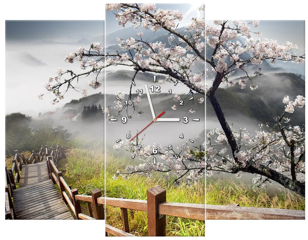 Gario Obraz s hodinami Kvitnúca višňa - 3 dielny Rozmery: 80 x 40 cm