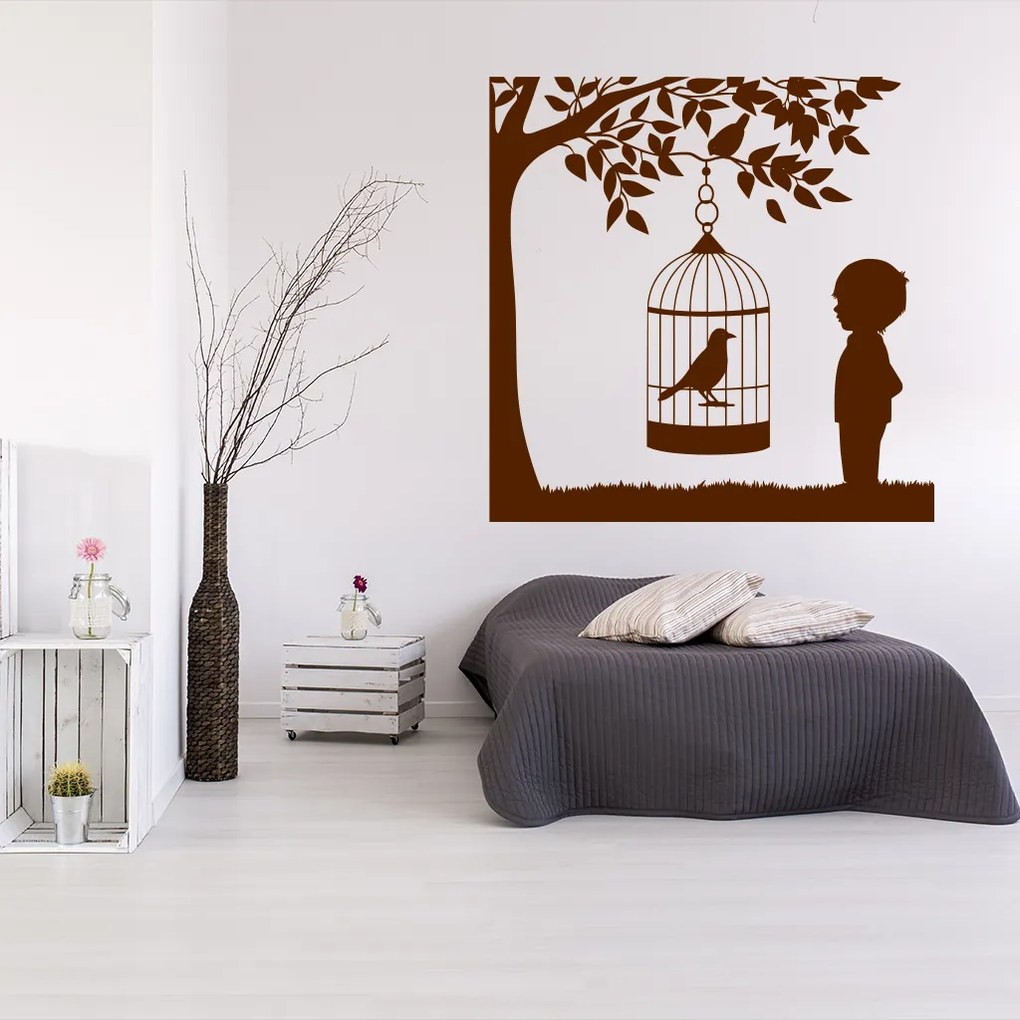 Veselá Stena Samolepka Vtáčik v klietke na strome Farba: oranžová, Veľkosť: 100 x 100 cm