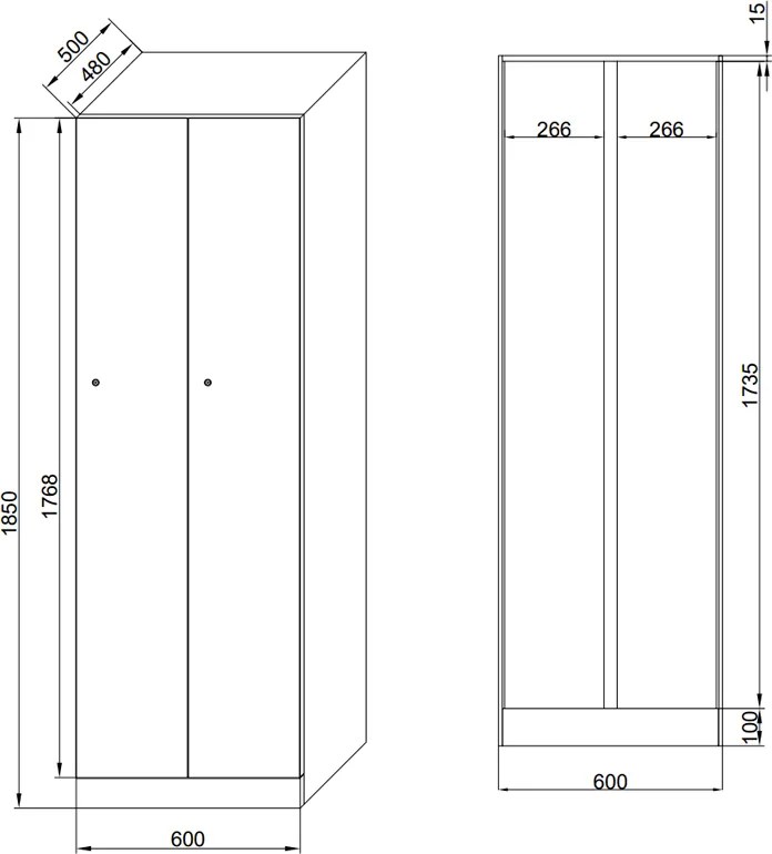 Kovová šatníková skrinka S1, 2-dverová, 1850 x 600 x 500 mm, otočný zámok, červené dvere