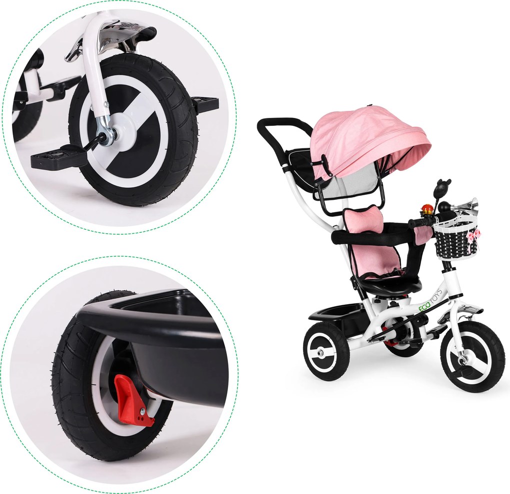 Trojkolka otočná strieška odolné gumové kolesá ružová ECOTOYS