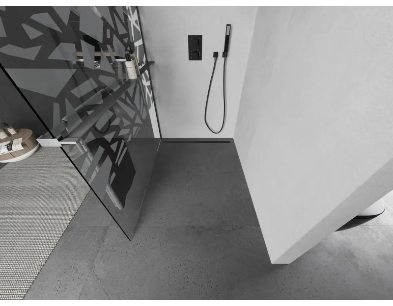 Mexen Kioto+ L, sprchová zástena Walk-In s poličkou a vešiakom 90 x 200 cm, 8mm číre sklo biely vzor, grafitový profil, 800-090-123-95-85
