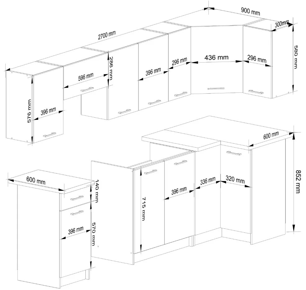 Kuchynská linka Olivie 3 m biela/betón/dub sonoma