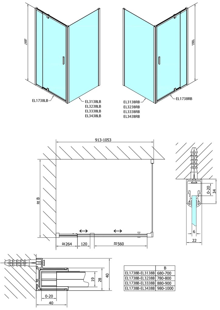Polysan Polysan, EASY BLACK otočné sprchové dvere 880-1020mm, sklo BRICK, EL1738B