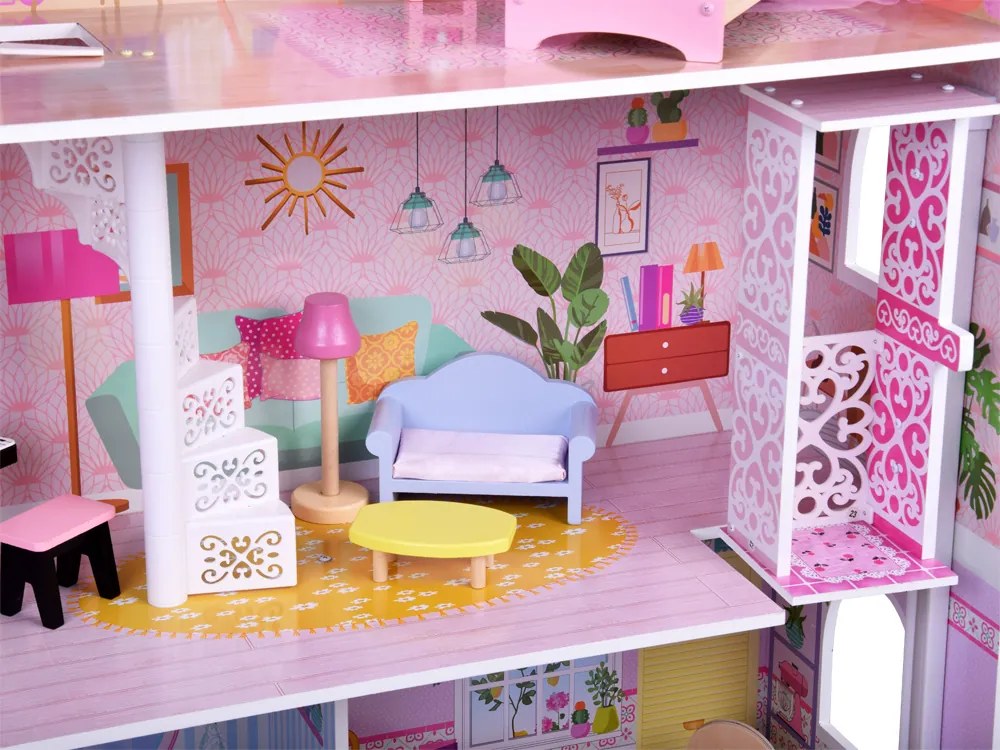 Veľký drevený domček pre bábiky s výťahom, garážou, balkónom a nábytkom – ZA5388