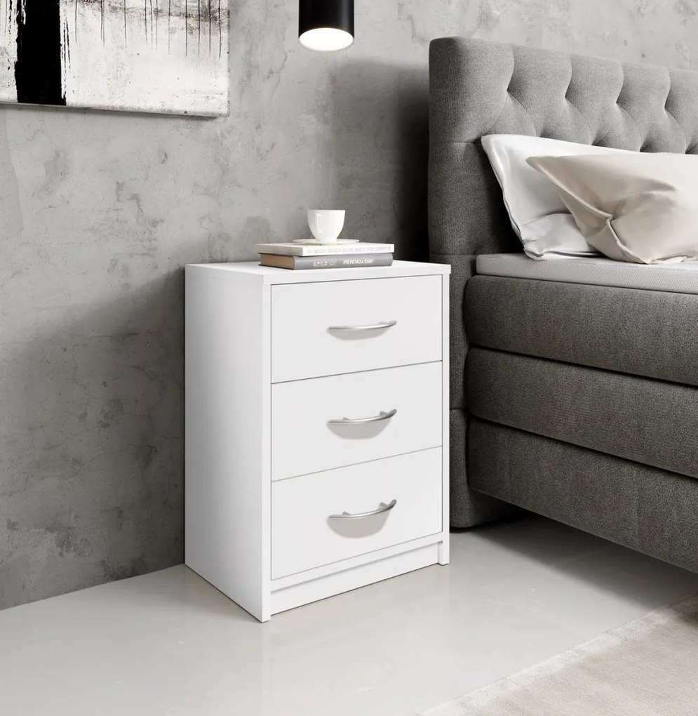 Nočný stolík s 3 zásuvkami Pepe, biely