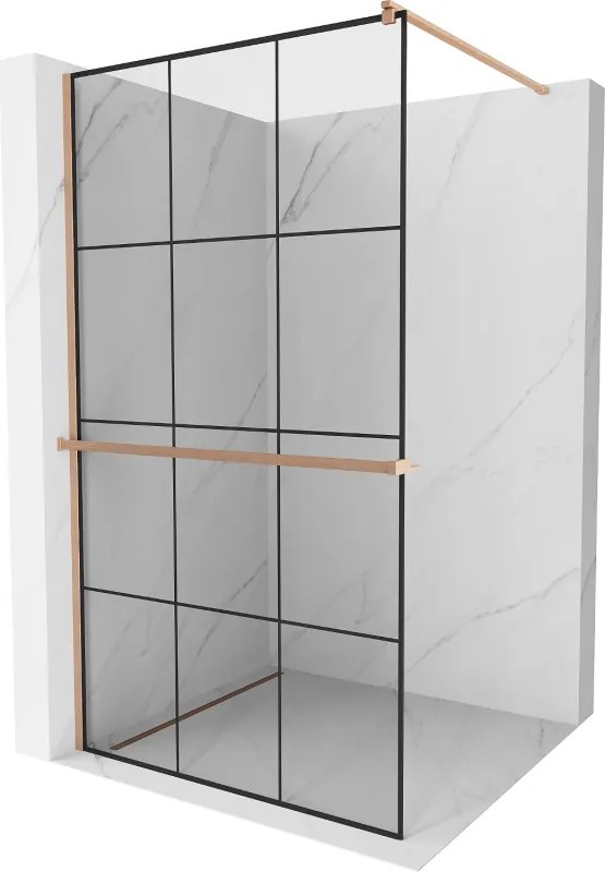 Mexen Kioto+, sprchová zástena Walk-In s poličkou a vešiakom 100 x 200 cm, 8mm číre sklo čierny vzor, medený matný profil, 800-100-121-65-77