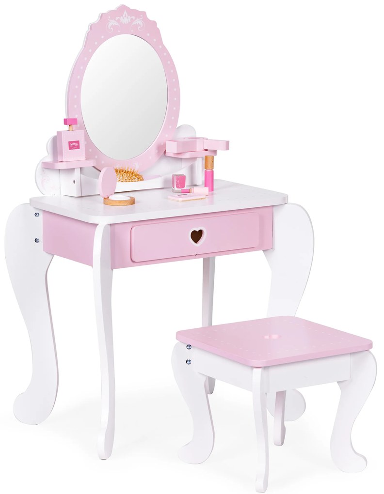Veľký detský toaletný stolík so zrkadlom a stoličkou, 7 doplnkov, ECOTOYS