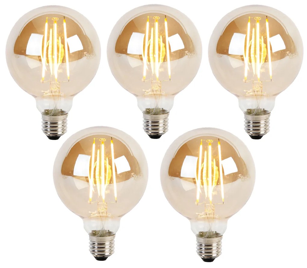 Sada 5 stmievateľných LED žiaroviek E27 s 3-stupňovým stmievaním G95 zlaté sklo 5W 380lm 2200K