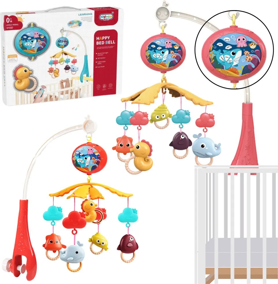 LEAN Toys Kolotoč na posteľ s diaľkovým ovládaním Projektor Zvuky Červená