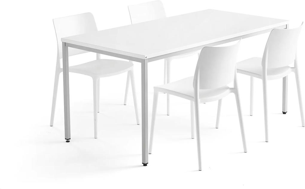 Jedálenská zostava: Stôl Modulus + 4 plastové stoličky Rio, biele