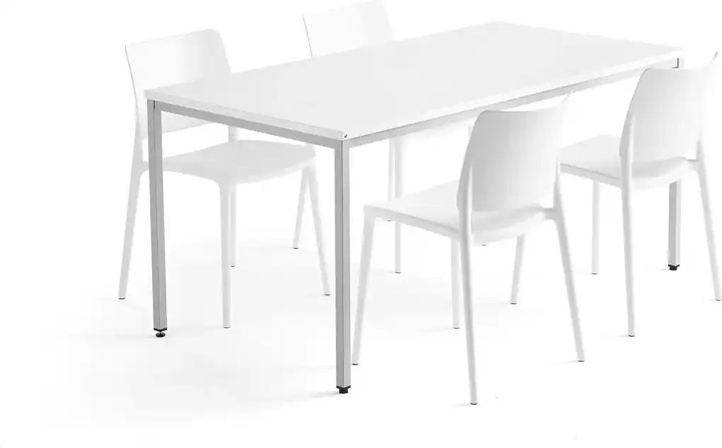 Jedálenská zostava: Stôl Modulus + 4 plastové stoličky Rio, biele | Biano