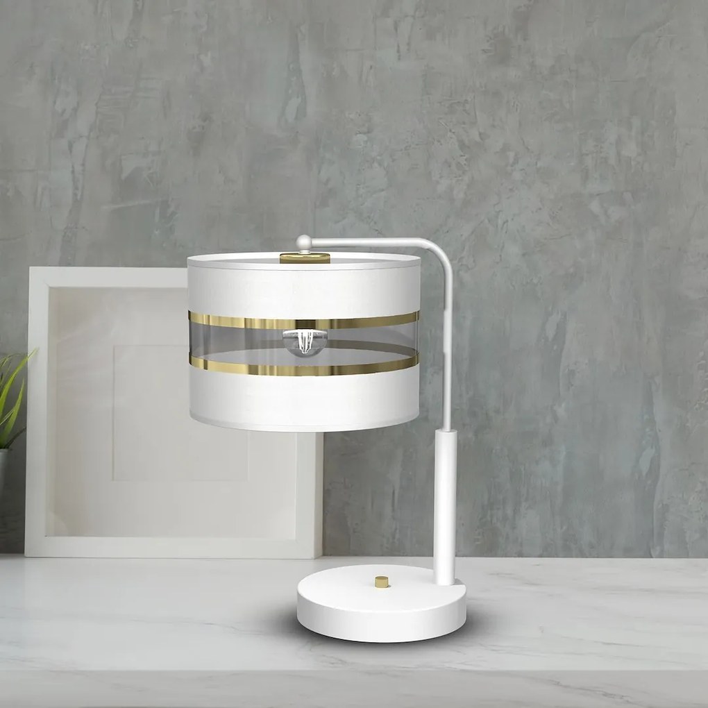 Stolná lampa Ultimo, 1x biele/zlaté textilné tienidlo, w