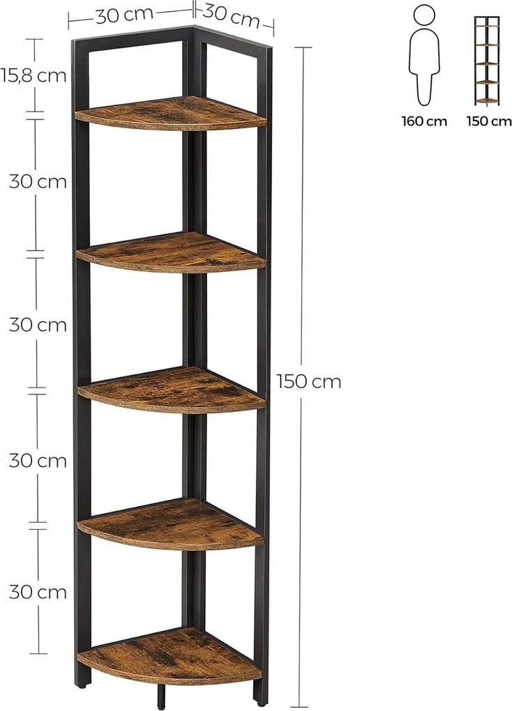 Rohová knižnica, regál 5-úrovňový, rustikálny hnedý